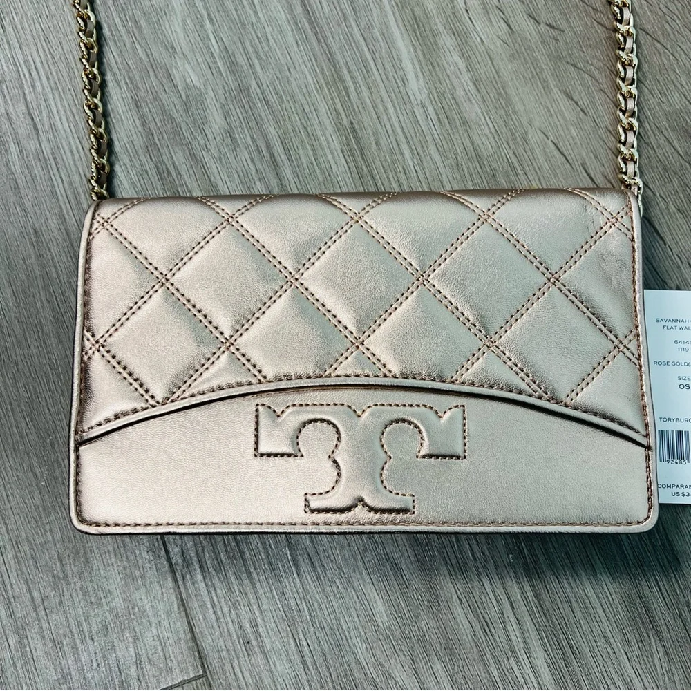 Tory Burch Savannah Chain Flat Wallet Rose Gold Crossbody Bag - Picture 3 of 11